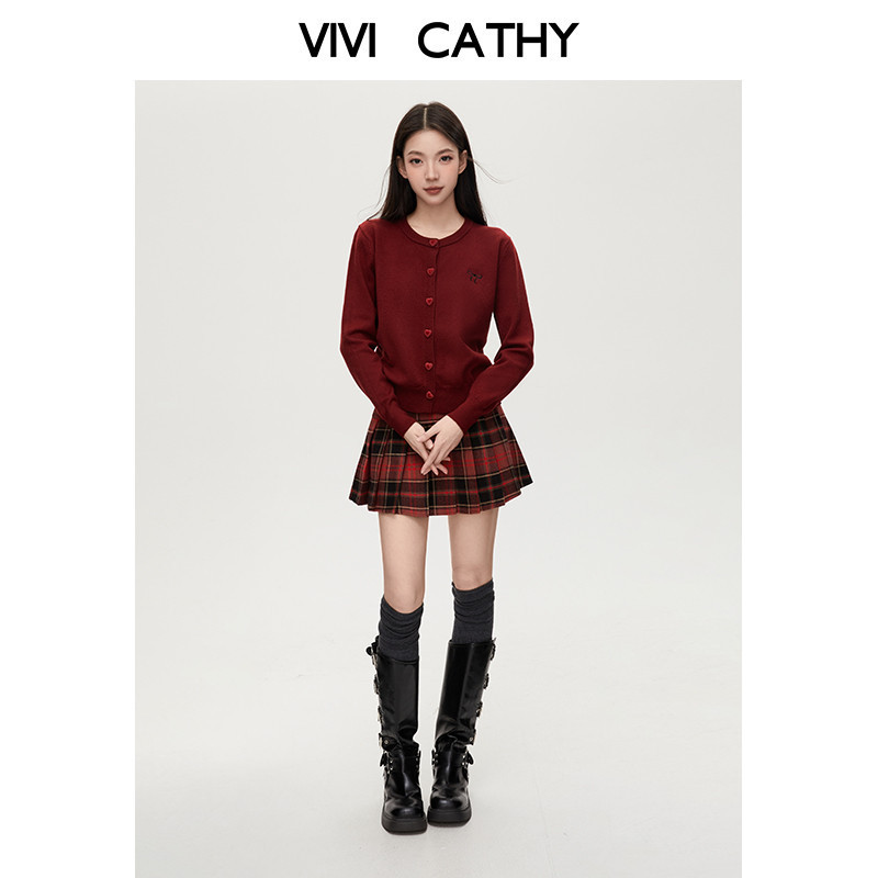 VIVICATHY2025秋冬韩系格纹半身裙女高腰a字毛呢裙新年红百褶裙,淘宝优惠券,粉丝福利购,淘宝优惠卷