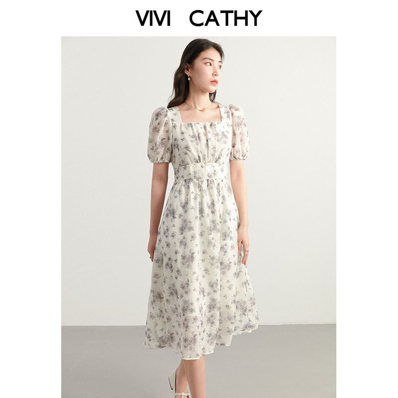 VIVICATHY大码新淡雅印花连衣裙