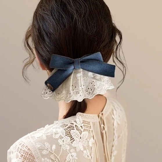 韩系文艺蓝色牛仔蝴蝶结蕾丝发夹女高级感可爱发卡夹子头饰弹簧夹,淘宝优惠券,粉丝福利购,淘宝优惠卷