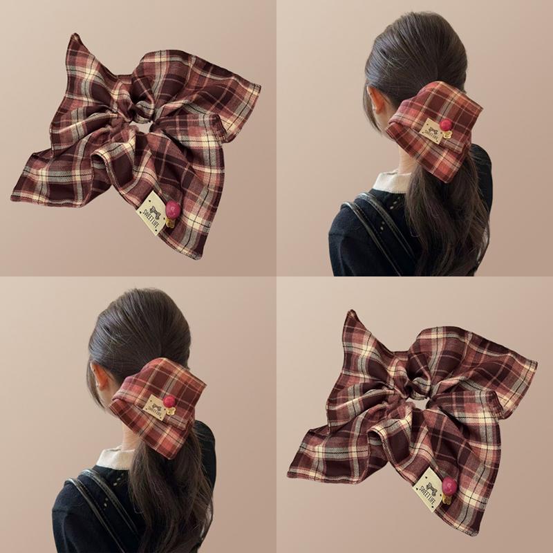 韩系学院风格子方巾大肠发圈女秋冬高级感扎头发头饰方形超大头绳 - 图0