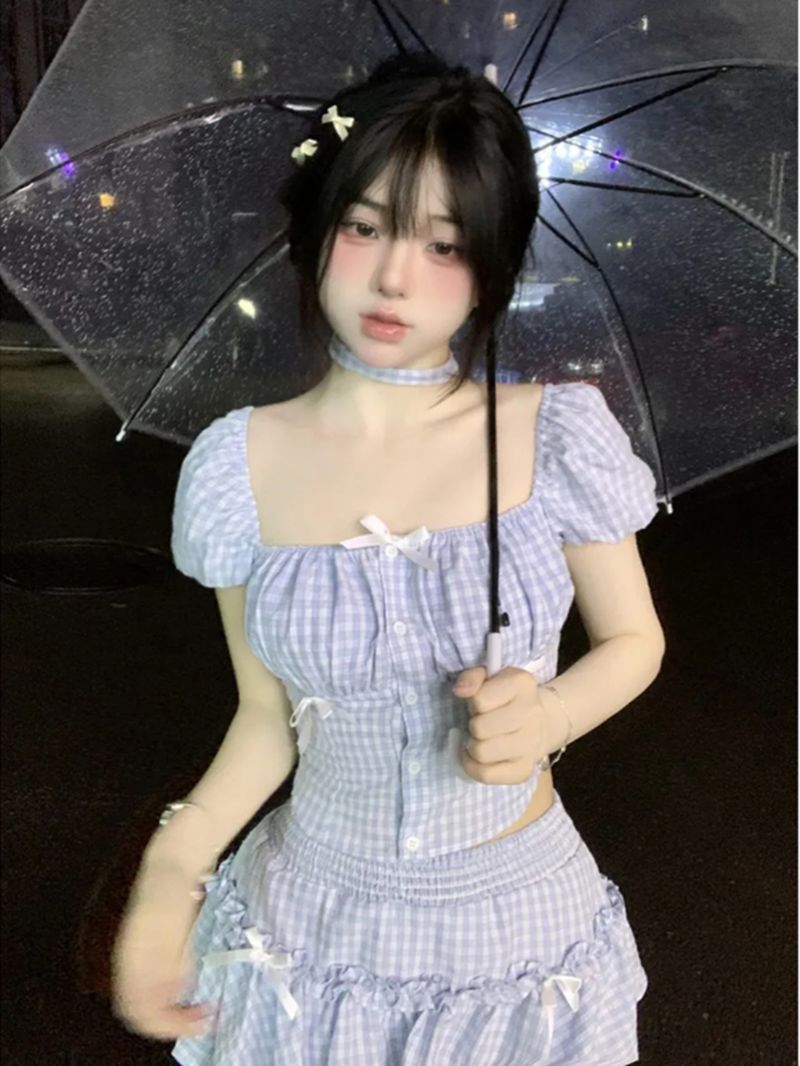 法式chic甜美少女芭蕾风蓝色格子泡泡袖上衣女蓬蓬半身裙两件套装