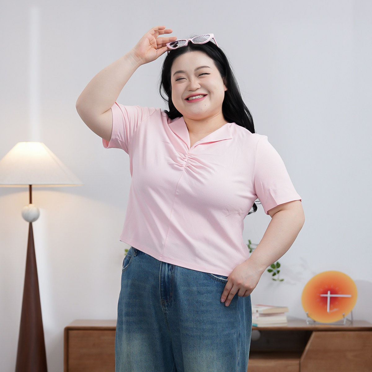 福饮沸别【蓝城旧事】大码女装V领小翻领气质显瘦短袖T恤女2059