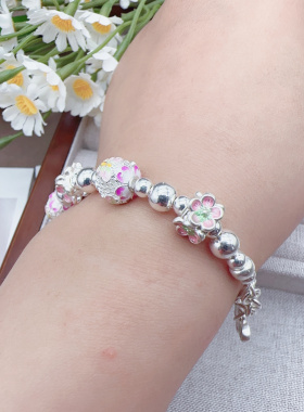 足银9999珐琅彩十二花神荷花手链女纯银新中式百搭银手串送女友礼