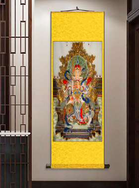 韦陀 挂画卷轴字画丝绸壁画高清韦陀伽蓝装饰画玄关客厅包邮挂画