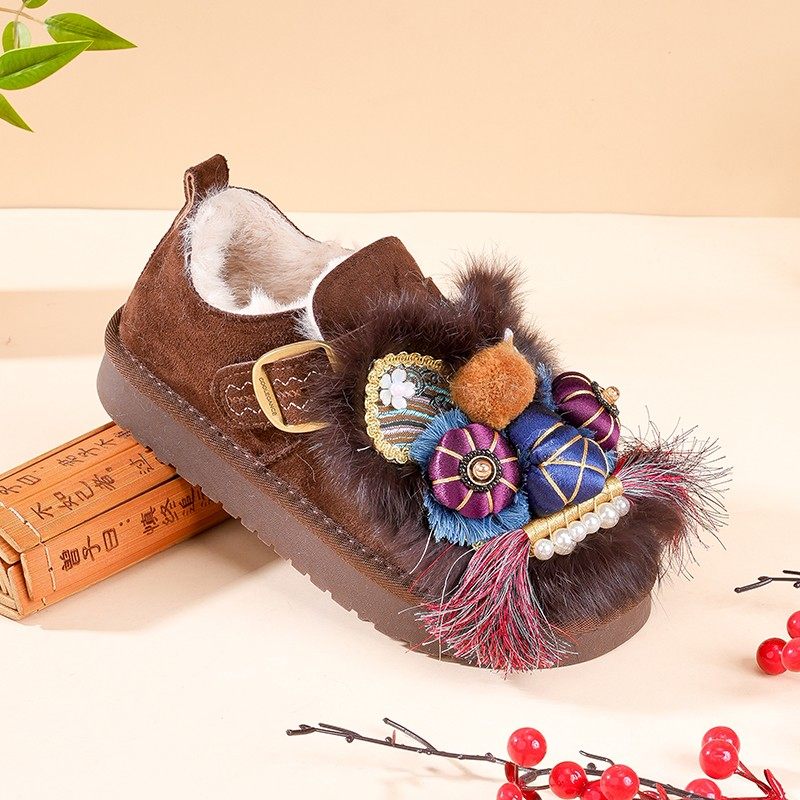 舒适百搭民族风勃肯流苏虎头加绒棉鞋女手工传统布鞋圆头低跟国潮,淘宝优惠券,粉丝福利购,淘宝优惠卷