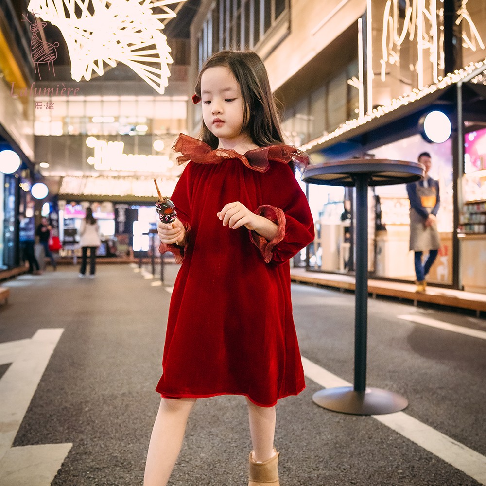 La Lumière鹿谧红色真丝绒礼服裙女童年服生日甜美可爱连衣裙-图0