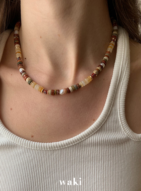 waki 日暮公园 Park at Dusk 天然日落色系玉石珍珠手工串珠项链