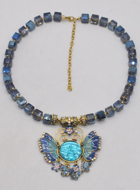 法国CoopKoop欧美简约蓝色水晶串珠蝴蝶吊坠项链潮流时尚小众