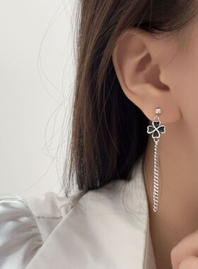 法国cherry kitty银瑞泰s925银黑色四叶草耳钉2026新款长款流苏