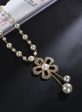 奥特莱斯撤柜项链女长款时尚百搭珍珠挂件水钻花朵吊坠装饰链毛衣