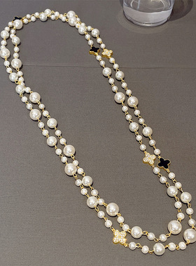 奥特莱斯撤柜四叶花珍珠毛衣链女精致气质衬衫配件长款多层装饰