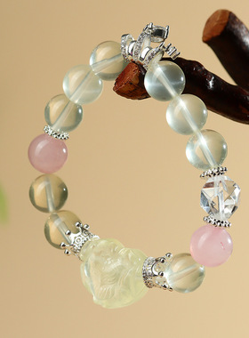 跨境批发天然粉晶柠檬黄水晶爱心九尾狐狸手链大颗粒圆珠时尚