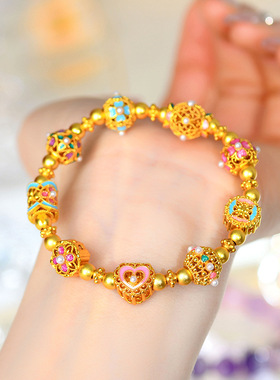 跨境批发流彩花丝四叶草黄金色沙金转运珠手链新中式网络爆款
