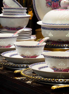 景德镇玲珑瓷餐具套装中式碗盘陶瓷家用碗筷碟高端礼品珐琅彩