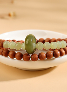 跨境批发青山黛檀香木和田玉跑环双圈手链文艺复古中国风女款