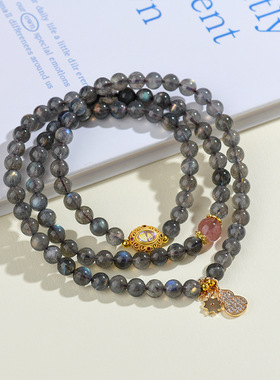 跨境天然灰月光石三圈手链拉长石清新女款原创时尚手串送女友