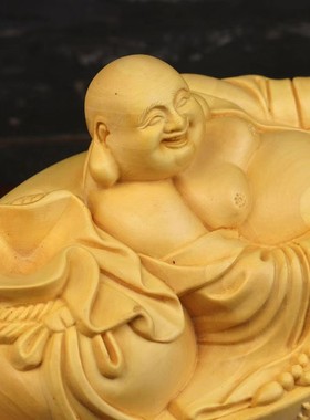 跨境【出入平安佛车摆件】黄杨木实木雕刻创意元宝弥勒佛车载家居