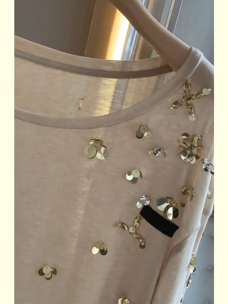 重工钉珠长袖打底衫女秋2025新款设计感小众气质亮片圆领T恤上衣,淘宝优惠券,粉丝福利购,淘宝优惠卷