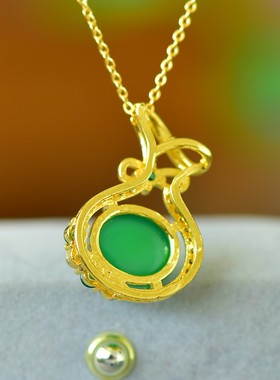 国潮臻品古法鎏金镶嵌天然冰种帝王绿玉髓福袋吊坠配证书礼盒链子