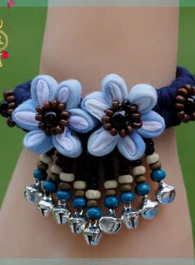 云南民族大理白族纯手工扎染蓝染布艺铃铛花朵女手链个性舞蹈饰品