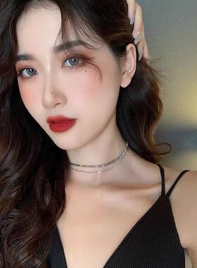 欧美双层锁颈带骨链满钻闪亮小众项链网红项圈女choker脖子饰品潮