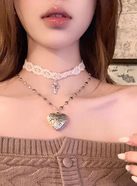 双层蕾丝爱心choker项链叠戴纯欲白色脖子配饰锁骨链女个性辣妹