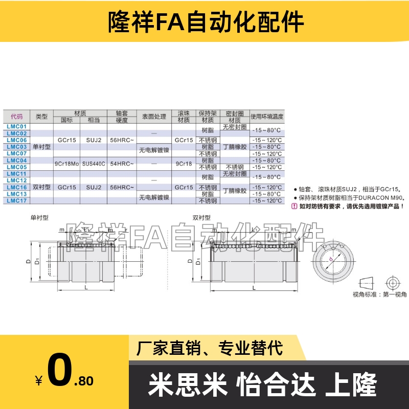 J-LMC01/02-d3-d4-d5-d6-d8-d10-d12d13--d16-d20 直线轴承单衬型 - 图1