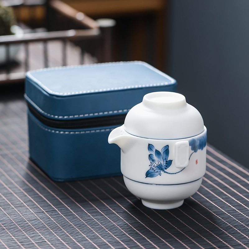 元青 旅行茶具便携式羊脂玉手绘中国白功夫茶具荷花颜回快客杯 - 图0