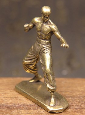 精选实心纯铜李小龙铜像桌面小摆件黄铜功夫巨星布鲁斯李雕像铜器
