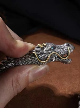 原创手工复古镀银龙头手链男士霸气个性潮收藏级饰品生日礼物