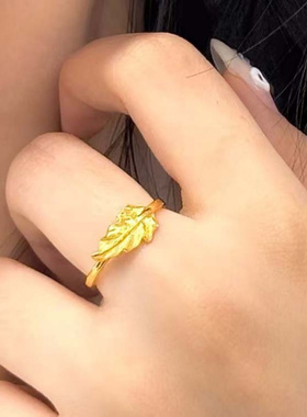 新款古法黄色开口树叶戒指女个性