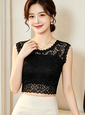 蕾丝半高领假领打底背心女春夏