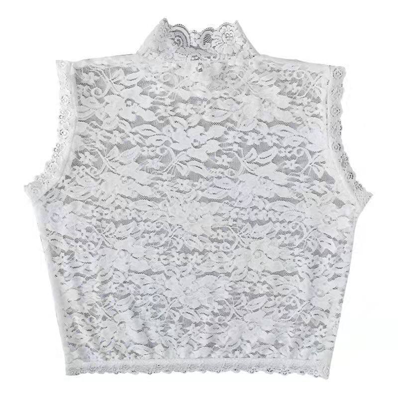 百搭蕾丝假领子女半高领无袖套头打底衫装饰花边领弹力复古红短款