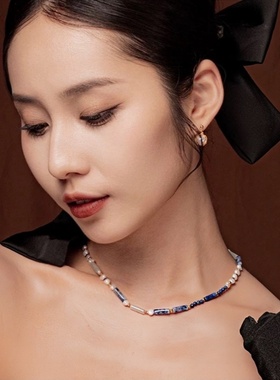 新中式高级感青金石珍珠锁骨链