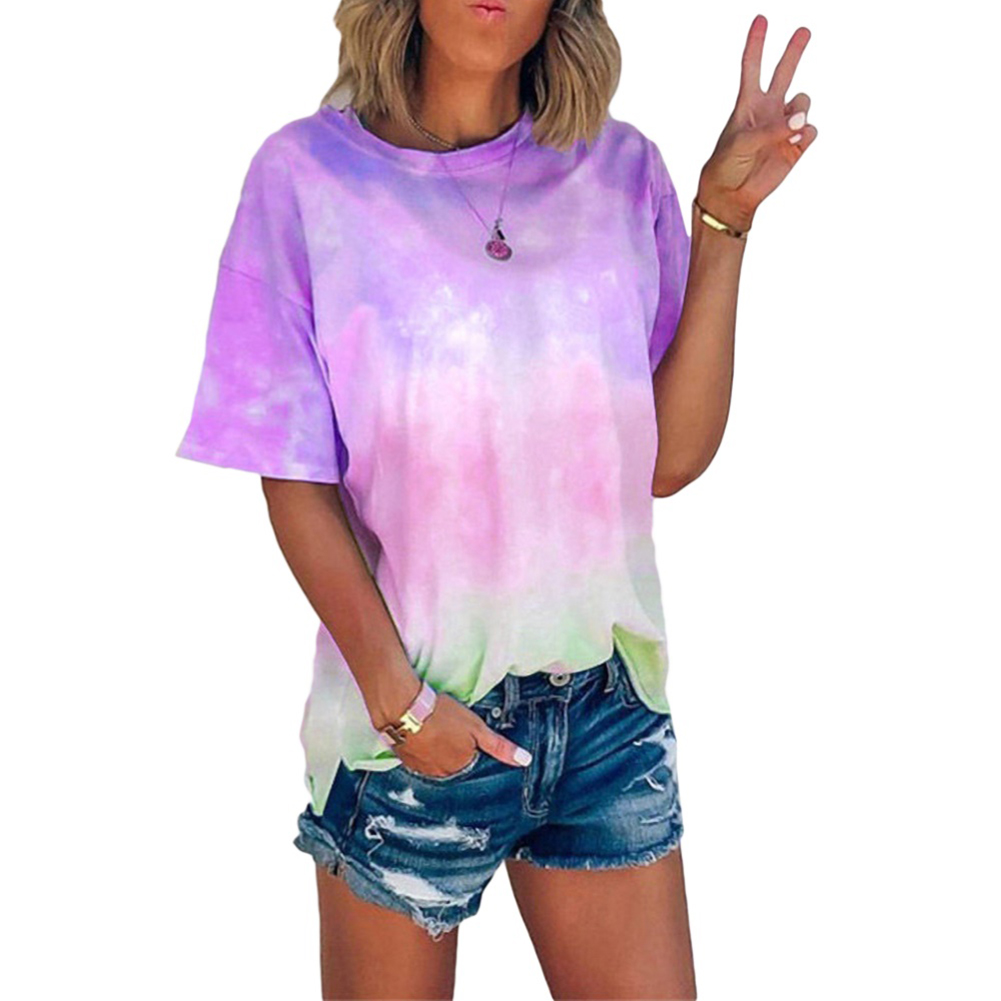 Tie dye gradient print loose T-shirt扎染彩虹色宽松女士 T恤夏 - 图1