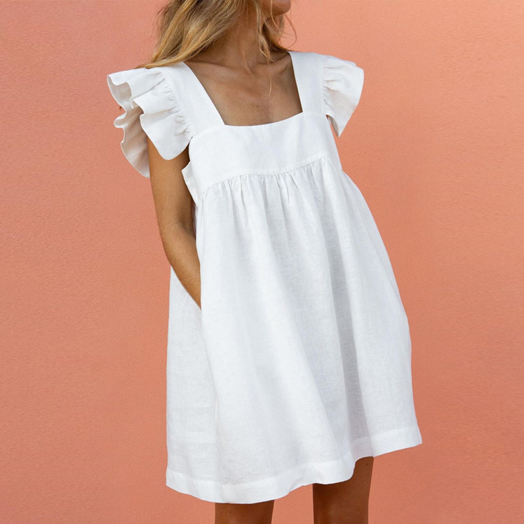 Solid Mini Dress Ladies Casual Loose Pocket Beach Dress短裙 - 图1