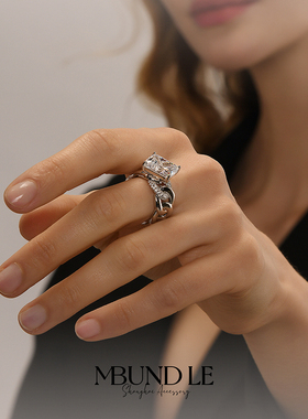 摩邦珠宝链结系列白锆长方白链条戒指 时尚气质轻奢新款节日礼物