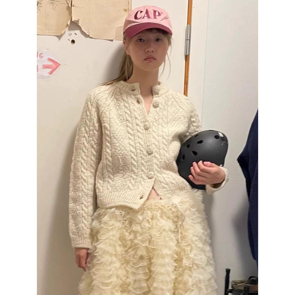 【现货】GROVE EDGE毛衣复古麻花羊毛针织开衫简约单排扣上衣外套 - 图3