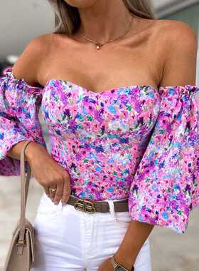 Korean Strapless Floral Blouse Elastic Ruched Slim Long Slee