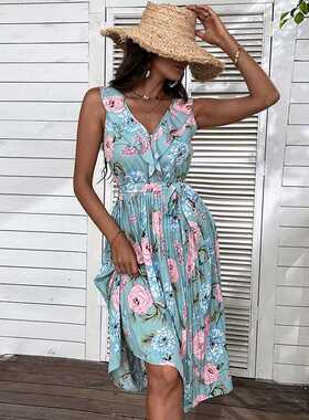 WOFLO Summer Woman Flower Print Beach Dress Party Elegan