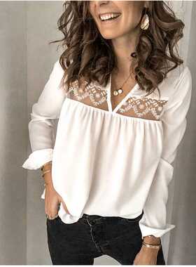 Meihuida Women Blouses Casual Long Sleeve V Neck Patchwork L