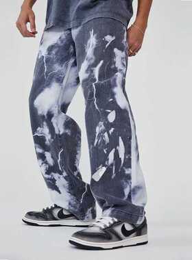 Tie Dye Denim Trousers Hip Hop Wide Leg Straight Daddy Pants