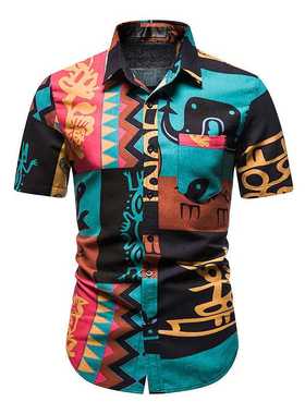Summer New Fashion Lapel Short Sleeve Men's Beach Flower Shi