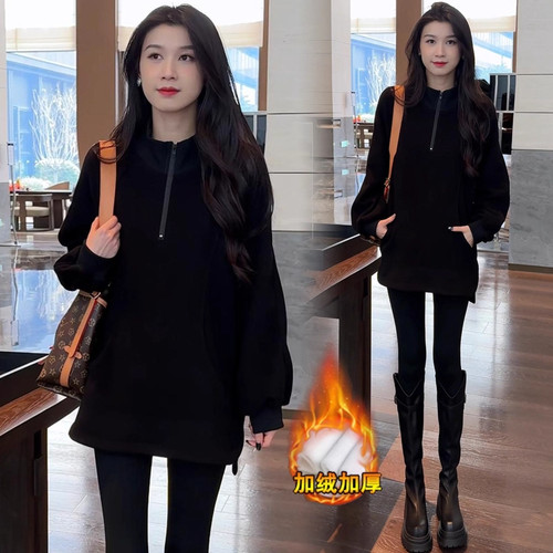 加绒加厚长袖卫衣女2025冬季新款洋气宽松中长款立领休闲上衣外套 - 图0