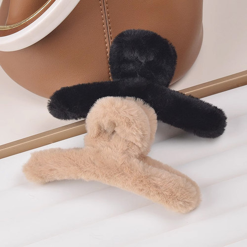 秋冬季仿兔毛抓夹女毛绒发夹后脑勺鲨鱼夹大号高级感发饰新款头饰 - 图2