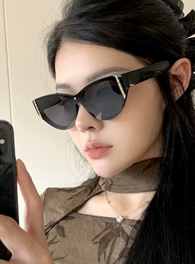 复古欧美无框一体式猫眼墨镜女方圆大脸显瘦防紫外线高级太阳眼镜