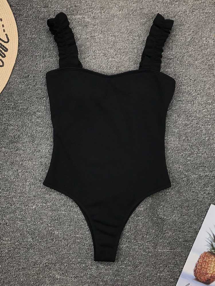 Vintage Swimsuit Women One Piece Ruffle Strap Swimwear Femal-图0