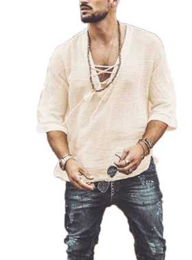 Men's Fashion Hippie Linen Shirt Casual Middle Sleeve V Neck