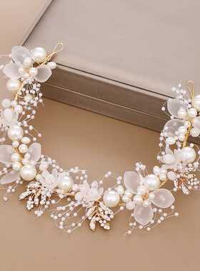 Handmade Floral White Flowers Hair Band Pearl Ribbon Yarn We