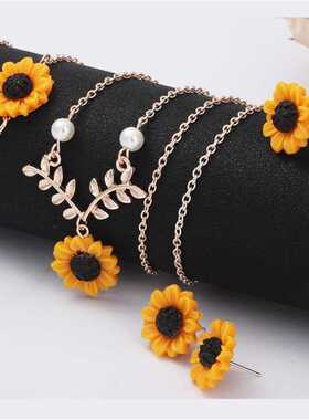 Stainless Steel Sunflower Jewelry Sets For Women Necklace Ea